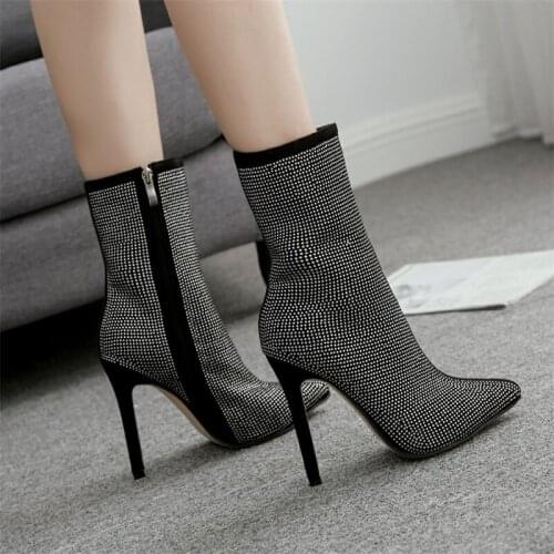 2021 Women Ankle Boots Plus Size 35-42 Rhinestones High Heels Shoes Woman Zip Pointed Toe Sexy Motorcycle Boots For Females