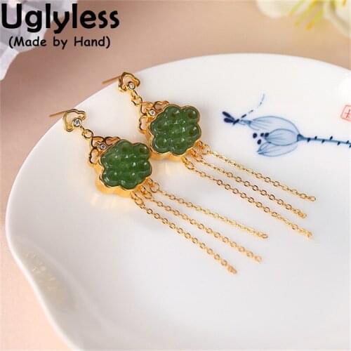 Uglyless Summer Dress Multi Chains Tassel Earrings for Women French Stylish Jade Studs Long Earrings 925 Silver Brincos Gemstone