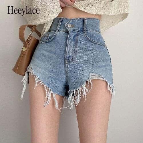 2021 High Waist Hole Sexy Tassel Short Jeans Plus Size Streetwear Women Jeanswear Denim Wide Leg Chic Femme Cowboy Retro Shorts