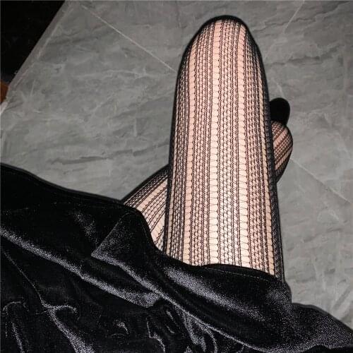 Women Personality Fashional Retro Goth Hollowed-Out Vertical Stripe Jacquard Black Fishnet Stockings