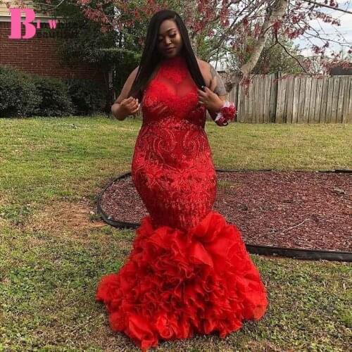 Beautifulinwhite Red Plus Size Prom Dresses Robe De Soiree High Neck Lace Formal Prom Dresses Evening Wear See Through BP043