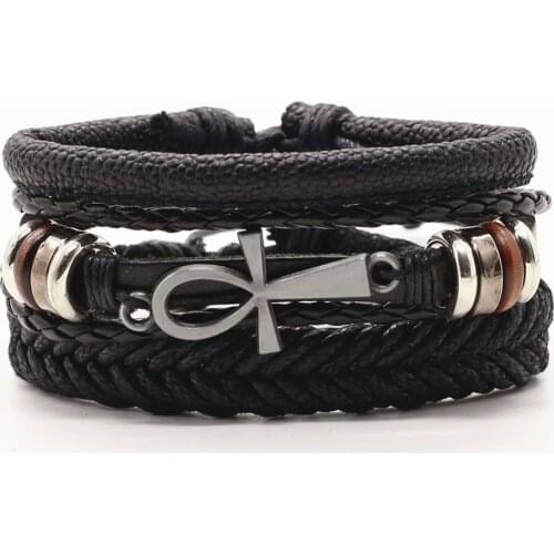 3 Pcs/set Punk Vintage Brown Black Leather Men Bracelets For Women Wood Beads Eye Cross Charm Homme Jewelry