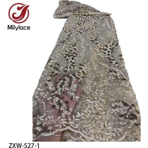 African Beaded Lace Fabric 5 Yards High Quality Embroidery French Sequins Tulle Lace Fabric for Wedding Party ZXW-527