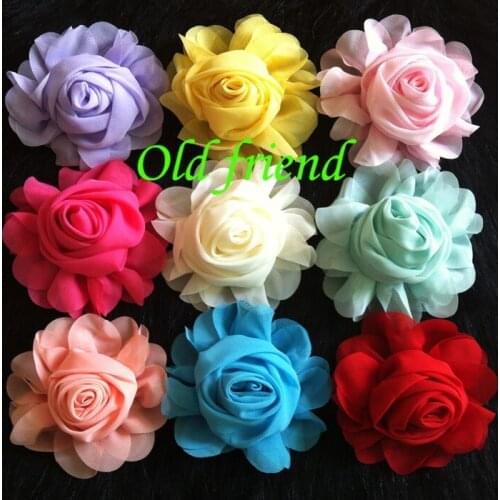 Free Shipping 80pcs/lot 4'' Chiffon Rose Hair Flower Flowers, Vintage Chiffon Rose Puff 13 Color