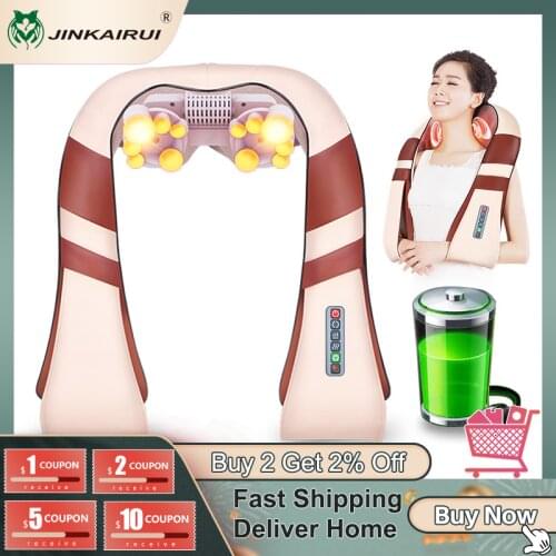 JinKaiRui Cordless Rechargeable Neck Back Shiatsu Massager 3D Deep Kneading Portable Full Body Massagem with Heat Relieve Pain