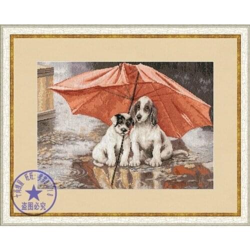 Free delivery Top Quality counted cross stitch kit umbrella dog, two dogs under the umbrella raining