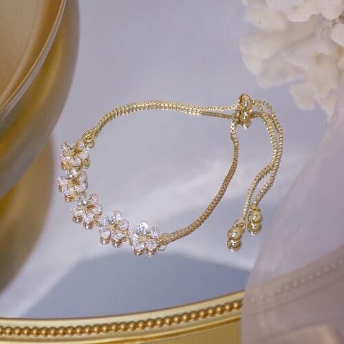 Korea Hot Fashion Jewelry 14K Real Gold Plating Copper Inlaid AAA Zircon Bracelet Flower Stretch Adjustable Women Bracelet