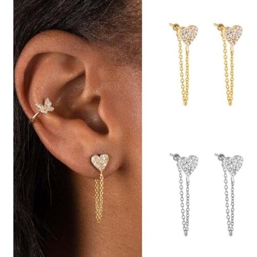 CRMYA Cute Chain Stud Earrings Heart Cubic Zirconia Silver Gold Filled Piercing Dangle Tassel Earrings Jewelry Wholesale