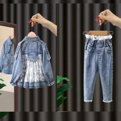 Spring Autumn New Girls Denim Jackets Trench Jean Embroidery Jackets Childrens Kids clothing baby Lace coat Casual outerwear