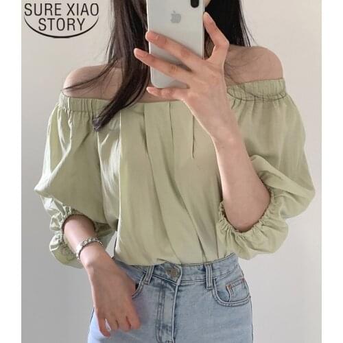 French Style Elegant Pleated Blouse Women Lazy Clothes Summer Puff Short Sleeve Light Green Off Shoulder Chiffon Blouse 14737