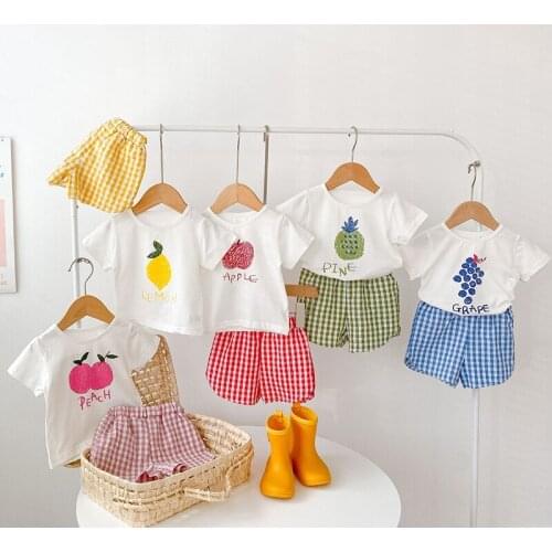 Baby Boys Girls Clothing Sets Cotton Short Sleeve Fruit Print T-shirt+Plaid Shorts Toddler Baby Boys Girls Clothes Suit