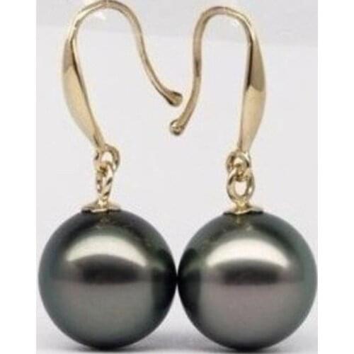 AAA+ GENUINE ROUND 9-10MM BLACK TAHITIAN Pearl Earrings 14k/20
