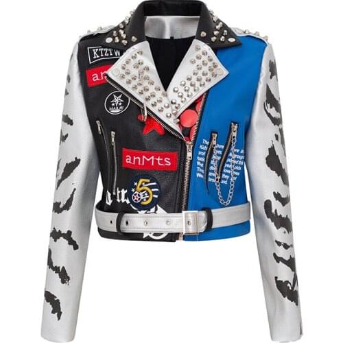 Women Rivet Beading PU Leather Jacket New Fashion Streetwear Chains beading Faux Leather Jacket Graffiti Moto Outwear Y514