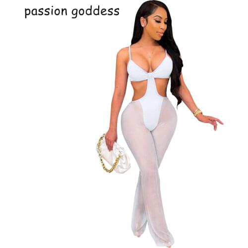 Summer Plus Size Jump Suits Women Outfits Sleeveless Spaghetti Strap Sexy Club Party Jumpsuits See Through Mesh Skinny Rompers