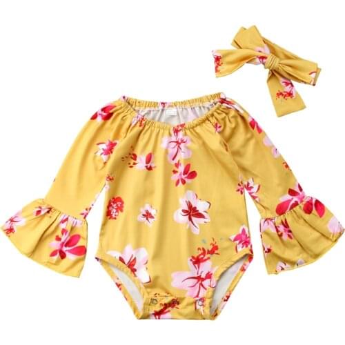 Cute Kids Clothes Newborn Toddler Infant Baby Girl Clothes Floral Romper Flare Long sleeve Jumpsuit Headband Outfit 0-24M