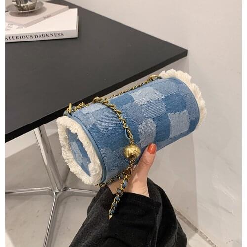 Fashion Denim Duffel Bag for Women Casual Chain Crossbody Bags Womens Shoulder Messenger Bag Banquet Clutch Purse 2021 New