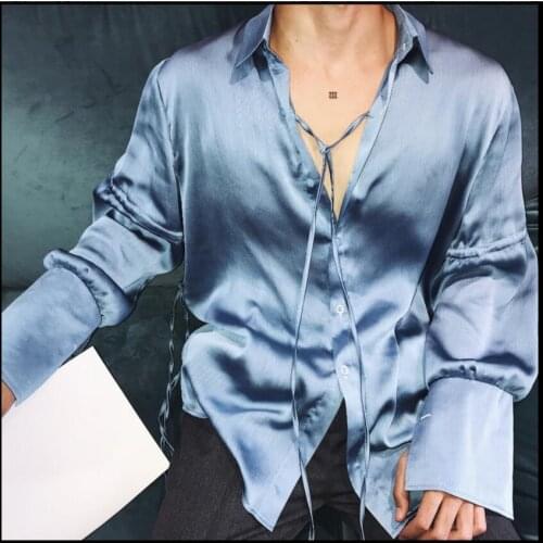 Spring And Summer Men Silk Thin Breathable Wrinkled Fabric Flare Sleeve Shirts Elegant Beach Sunscreen Shirt Singer Costumes