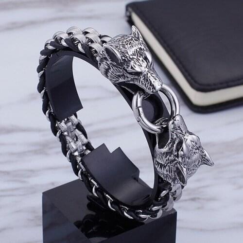 Punk Rock Man Wolf Bracelet Stainless Steel Black Genuine Leather Bracelet Men Cool Double Wolf Head Animal Bracelets Bangle