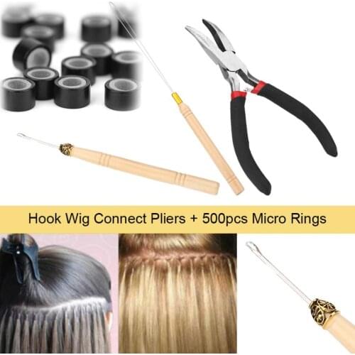 4Pcs Hair Extension Kit 500Pcs Silicone Micro Links Beads Rings + 2pcs Pulling Hook + Plier Hair Extension Styling Tool Kits