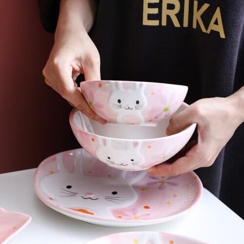 Japanese cartoon ceramic tableware set dish plate underglaze color Rice Bowl household dish plate cute Cup pink dinner plates
