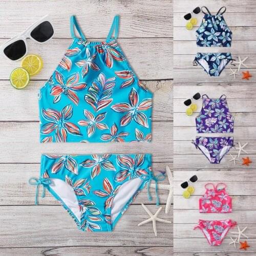 New Swimwear Girls' Daisy Beach Sport Halter Tankini Kids Bikinis 2021 Summer Two-piece Suits Kid Swimsuit Outfits 8-14 Years