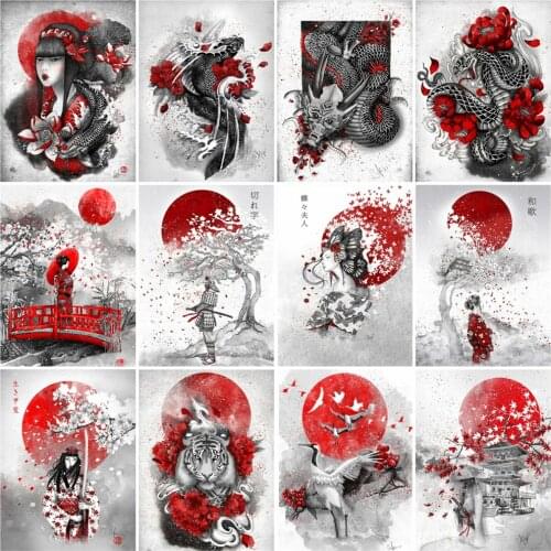 Huacan Full Square/round Diamond Art Painting Red Moon Scenery Home Decor Embroidery Mosaic Black Red Landscape Wall Stickers