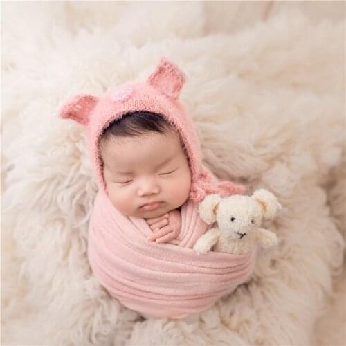 Pink Teddy Bear Stuffed Animal Bonnet Photography Props Newborn Tiny Boy Hat Toy set Knitted Baby boy Toy Photo Props