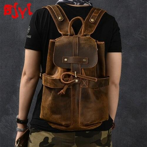 Men Backpack Genuine Leather Mens Travel Backpacks Male Large Capacity Bucket Bags Personalized Model Retro Crazy Horse Leather