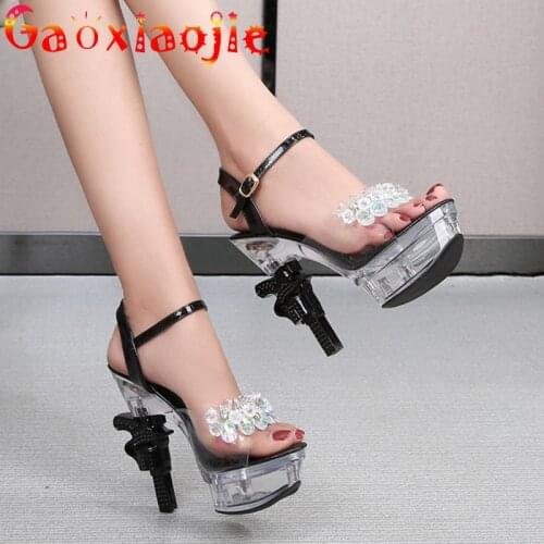 Large Size Sandals Clear Heel Light-emitting PVC Platform Buckle Strap Womens Shoes Super High Heels Pistol heel Wedding Shoes