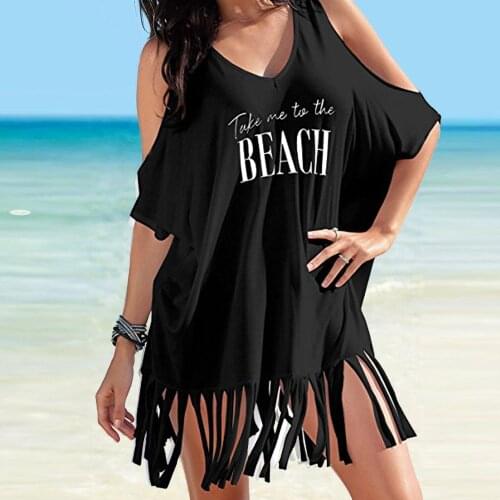 #SW Women Tassel Hem Letters Print Boho Dress Baggy Beach summer dress 2021 Sundress Off Shoulder Casual Loose Dress Vestidos