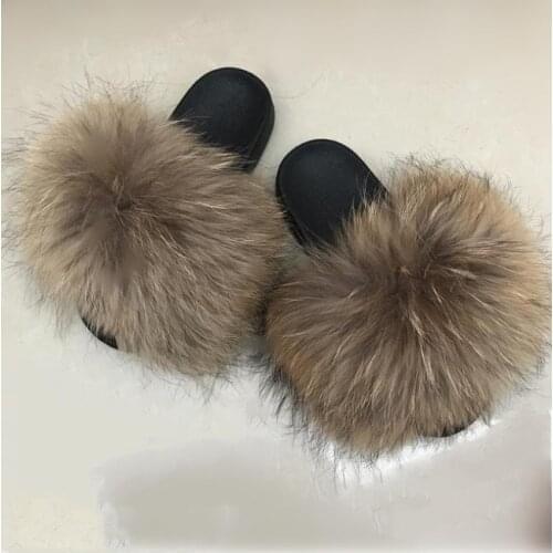 Real Fur Slippers Women Fox Home Fluffy Sliders With Feathers Furry Summer Flats Sweet Ladies Shoes Large Size 45 Home Pantufas