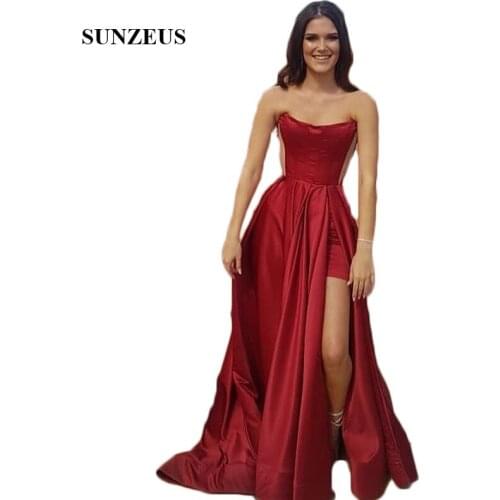 Dark Red Satin Formal Prom Dresses Strapless Simple Long Prom Gowns Leg Slit Sexy Graduation Party Dress ballkleider lang SP26