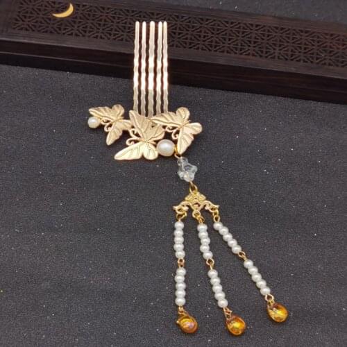 Vintage Hair Comb for Women Chinese Hanfu Accessories Butterfly Hair Pins with ABS Pearls Pendant Cosplay Accessories 1 Piece