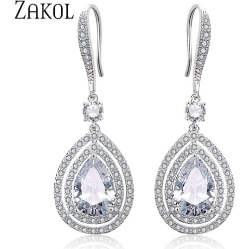 ZAKOL Classic Water Drop Cubic Zircon Micro Inlay Women Dangle Earrings Fashion Bridal Wedding Engagement Jewelry FSEP2227