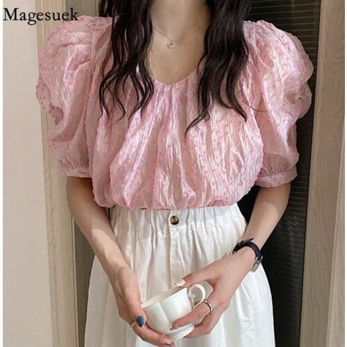 Summer Sweet Women Tops Korean Fashion V-neck Net Yarn Dots Blouse New Puff Short Sleeve Pleated Shirt Loose Pink Clothing 14381