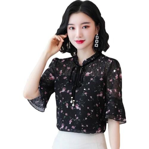 Womens Spring Summer Style Chiffon Blouse Shirt Womens Stand Collar Printed Flare Sleeve Lace Up Casual Tops SP1345