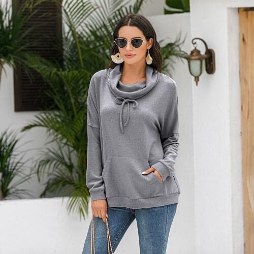 Womens casual loose sweatshirts solid color turtle neck lace up long sleeved sports tops for ladies home comfortable clothes