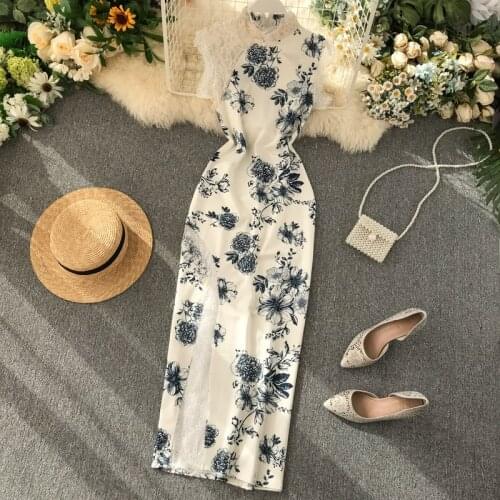 Womens Spring Summer Runway Fashion Short Sleeve Elegant Split Lace Print Dress Female Travel Chic Party Dress TB1775