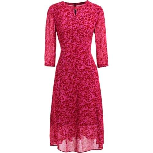 Gowani Fuchsia Floral Print Keyhole Neck Plicated 3/4 Sleeve A-line Dress Women Elegant Party Dinner Beach Wear