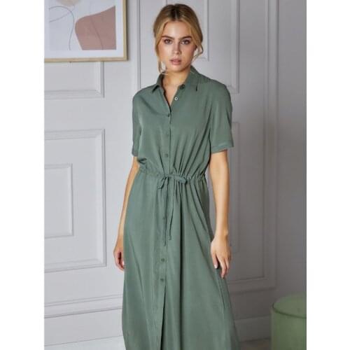 Women Casual Dress Front Button Midi Dress Solid Color Vintage Short Sleeve Turn Down Collar Office Lady Fashion Women Dresses
