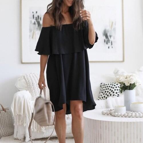 Women Off Shoulder Ruffles Loose Dress Ladies Slash Neck Summer Dress Sexy Vestidos