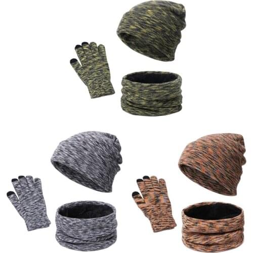 Winter Colorful Knit Beanie Hat Plush Lined Circle Scarf Touch Screen Gloves Set 649C
