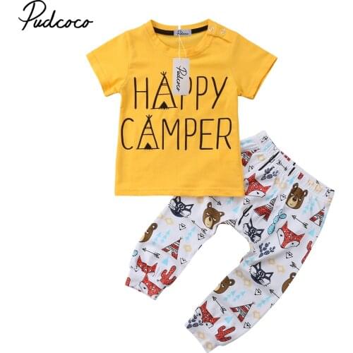 2018 Brand New Animals Newborn Toddler Infant Baby Boys Girl Tops T shirt Pants Outfit 2Pcs Set Happy Camper Summer Clothes