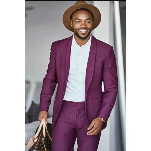 2020 Mens Fashion Purple Wedding Tuxedos 2 Pieces Slim Fit One Button Shawl Lapel Groom Wear Party Prom Suits (Jacket+Pants)
