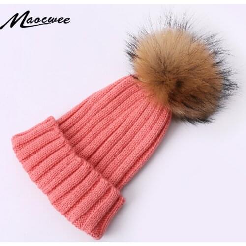 Children Hat Kids Pompon Hats Knitted Skullies Beanies Cap Candy colors Autumn Winter Warm Solid Color Natural Raccoon Fur