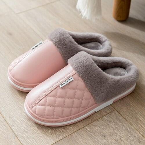 TZLDN Slippers Indoor Leather Winter Waterproof Warm Home Fur Lady Slippers Mens Couples Shoes Non-Slip Indoor Plush Slippers