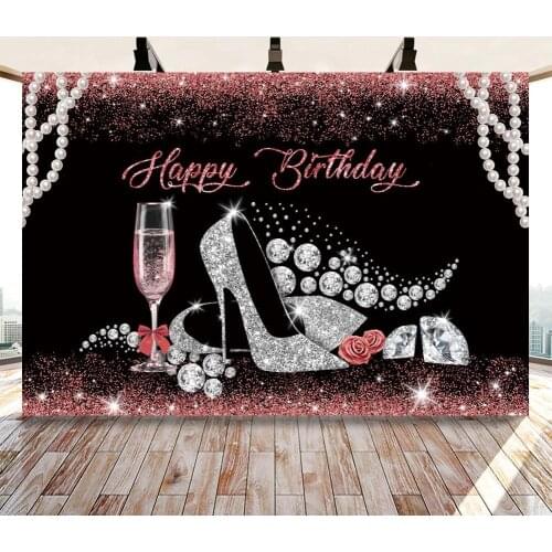 Woman Happy Birthday Party Backdrop Decor Glitter Purple Sliver Birthday Cake Table Background Rose Lady High Heels Photocall