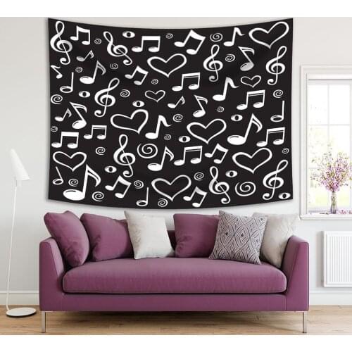 Tapestry Musical Notes Clefs Heart Shapes Love for Music Black and White Modern Artwork Printed