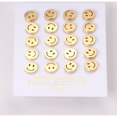 10 Pairs Round Smiley Stud Earrings Stainless Steel Gold Color Simple Fashion Women/Men Popular Jewelry Accessories 2021