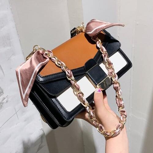 Contrast color Square Armpit bag 2021 New High-quality PU Leather Womens Designer Handbag Ribbon Chain Shoulder Messenger Bag